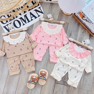 (COMBO 3 BỘ)  quần áo bèo cổ thun tăm dài tay thu đông họa tiết in kín, cho bé gái size 6-16kg