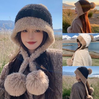 Mũ bảo vệ tai mùa đông dễ thương, chu vi đầu lớn chống lạnh, bóng treo sang trọng, che tai nữ, nhung dày, mũ dệt kim chặn màu