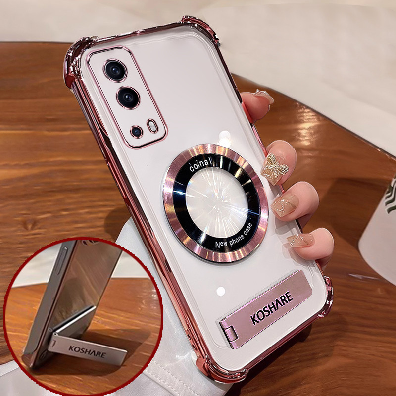 Ốp lưng cho vivo y72 5G TPU vỏ điện thoại mới Giá đỡ thanh sắt 3D trong suốt bốn góc chống rơi cốc hút từ tính vỏ mềm