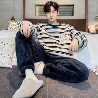 Bộ đồ ngủ Flannel mùa thu đông bé trai phiên bản Hàn Quốc Lớp lót lông cừu, Bộ đồ lót nam sọc dài tay