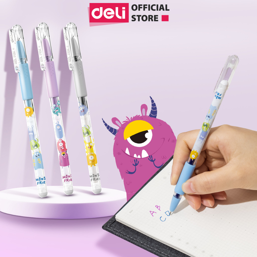 Bút Gel Học Sinh Mực Gel Xanh Đen Tím 0.5mm Deli Họa Tiết Nhanh Khô Viết Đều Trơn Chất Lượng An Toàn Cho Học Sinh