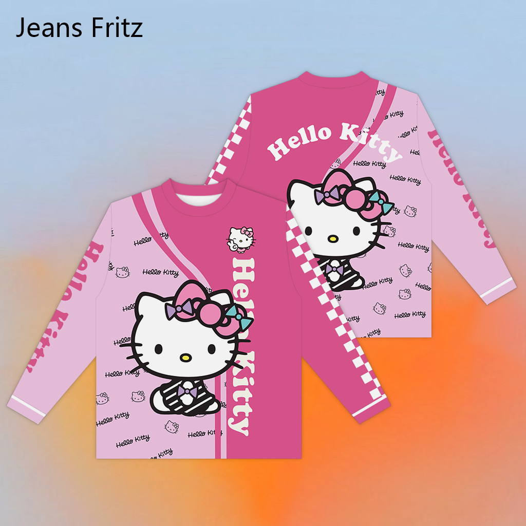 2024 Mới Hello Kitty Chung Quần Áo Hoạt Hình Dễ Thương Hello Kitty Áo Thun Dài Tay Màu Hồng