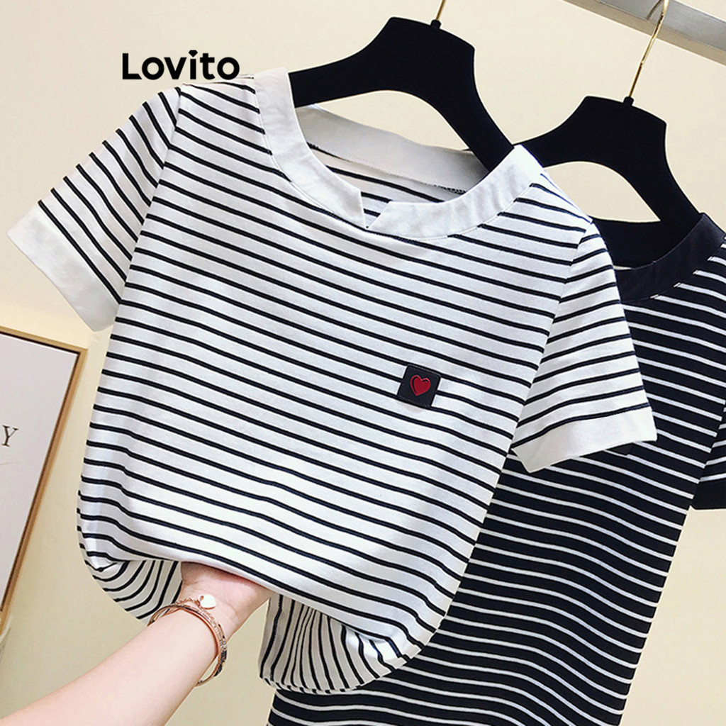 (KOL‘s pick) Lovito Lovito Áo thun có cổ sọc tương phản thường ngày cho nữ LNE39558 (Nhiều màu)