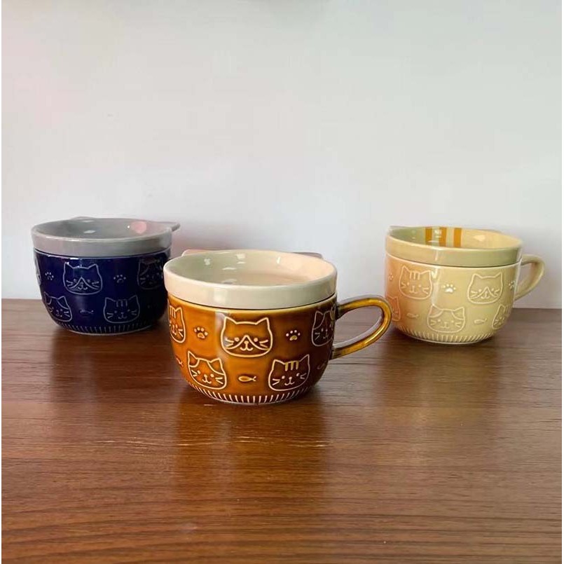 Phong Cách Nhật Bản Mèo Gốm Nổi Hoạt Hình Cốc Canh Đẹp Có Nắp Cốc Nước Cốc Trà Cốc Cà Phê Đĩa Xám 3B