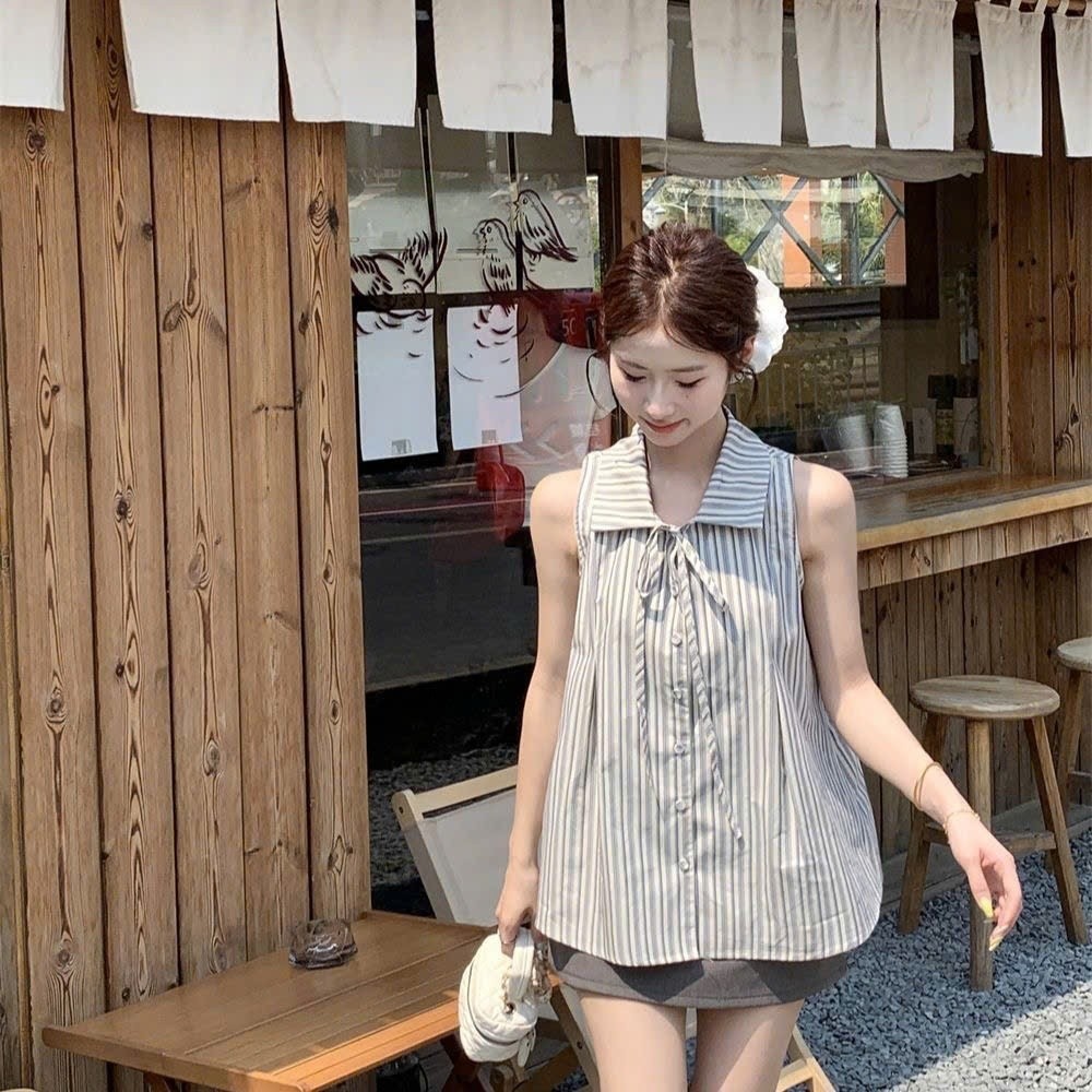Áo sơ mi không tay kẻ sọc kiểu Pháp ngọt ngào, dáng babydoll Hàn Quốc rộng rãi cơ bản, áo nữ có nơ | BigBuy360 - bigbuy360.vn