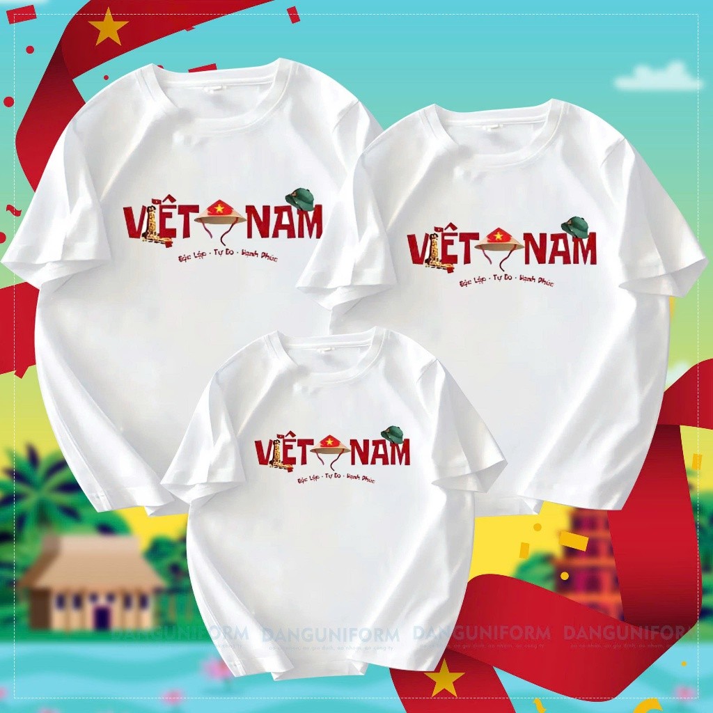 Áo thun gia đình- Áo thun trắng/kem in chữ Việt Nam mẫu 1 chất cottton 100% co giãn 4c, hình in bền chặt