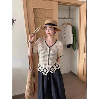 Phiên Bản Hàn Quốc Mùa Hè Phong Cách Mới Nữ Màu Sắc Tương Phản Rỗng Dây Xích Liên Kết Rời Tay Ngắn Dệt Kim Áo Sơ Mi Thời Trang Top Áo Thun