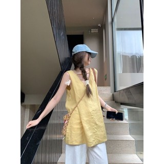 Yuewen Nhật Bản Phong Cách Lười Áo Vest Vàng Không Tay Nữ Mùa Hè Niche Mặc Bên Ngoài Rời Thường Ngày Giữa Chiều Dài Đen Top