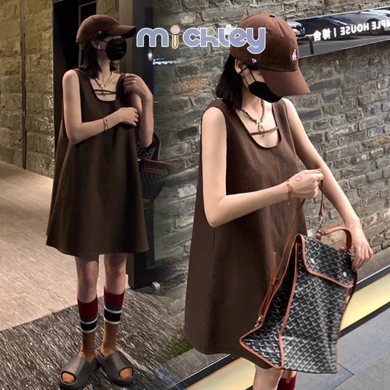 Michley Phụ nữ mang thai váy thời trang mùa hè dáng rộng Áo vest không tay dài vừa phải thời trang váy mùa hè mỏng