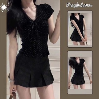 Ngọt ngào và cay mát mẻ phù hợp với cô gái của phụ nữ đen v-cổ đầu dây rút Bow T-shirt ngắn Tay áo thời trang dễ phối váy ngắn hai mảnh Bộ