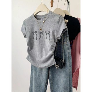 【100% cotton  Áo baby tee Áo Thun ôm body Áo y2k Áo thun ngắn tay vai cài nơ màu xám