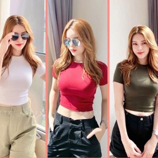 A14 Áo Croptop Ngắn Tay Cổ Tròn  - Vải Thun Trơn Dày Co Giãn Thoáng Mát, Ôm Body Sexy, Cá Tính Nữ Đen