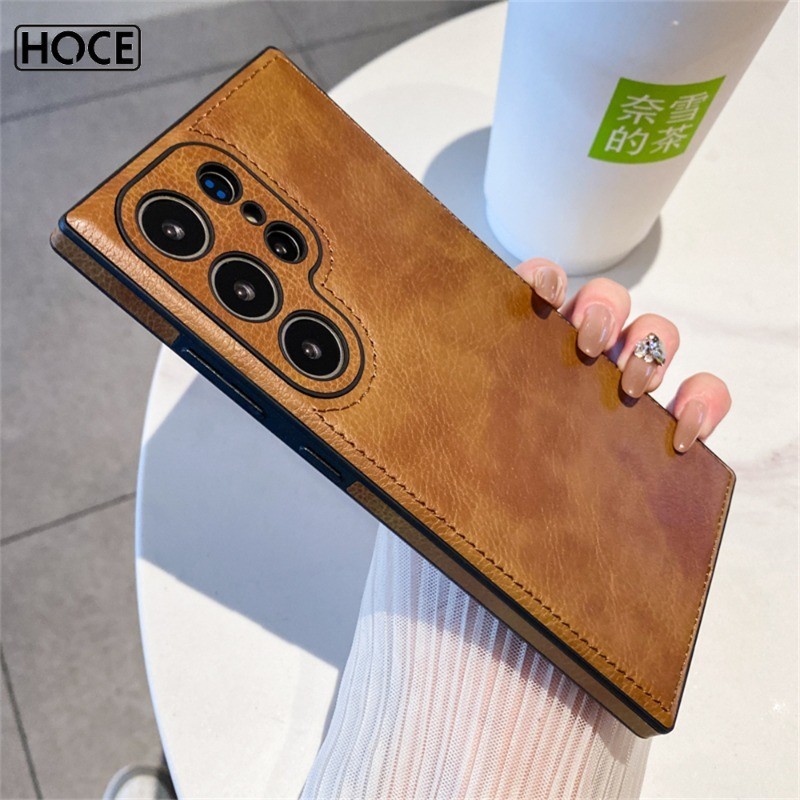 Hoce Cao Cấp Vintage Da PU Dành Cho Samsung S23 Ultra S24 Plus S24Ultra Lỗ Mịn Ống Kính Camera Chống Sốc Mềm Ốp điện thoại