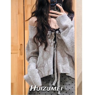 HUIZUMEI Áo len dệt kim nữ cardigan áo khoác dây rút dài tay mới
