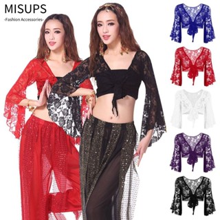 Misups Belly Dance Top, Khăn choàng ren dài tay buộc dây, Dành cho trang phục sân khấu hộp đêm Thái Lan / Ấn Độ / Ả Rập
