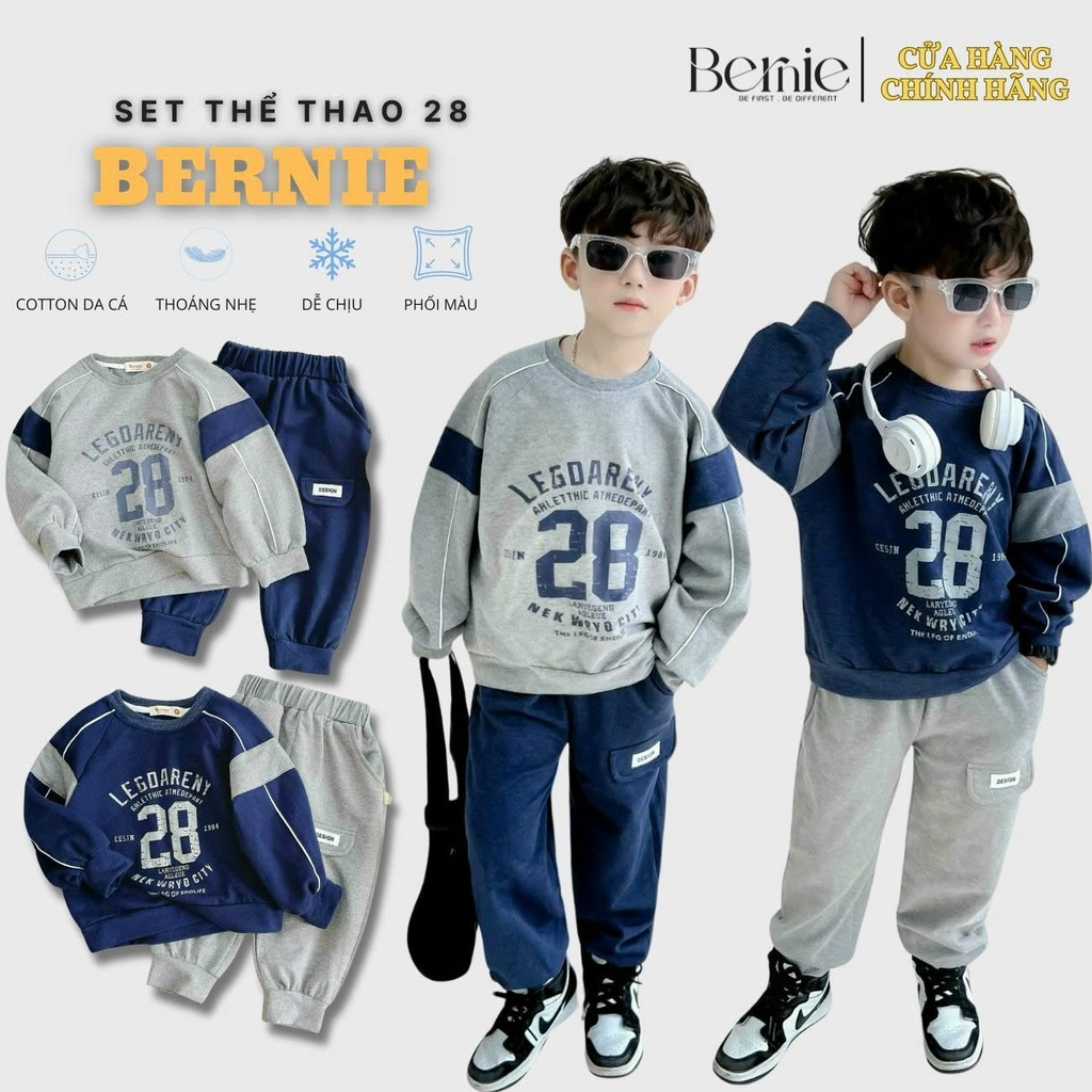 Set bộ dài thể thao da cá phối màu họa tiết cho bé trai đi chơi đi học 1 đến 7 tuổi BERNIE 0524B25