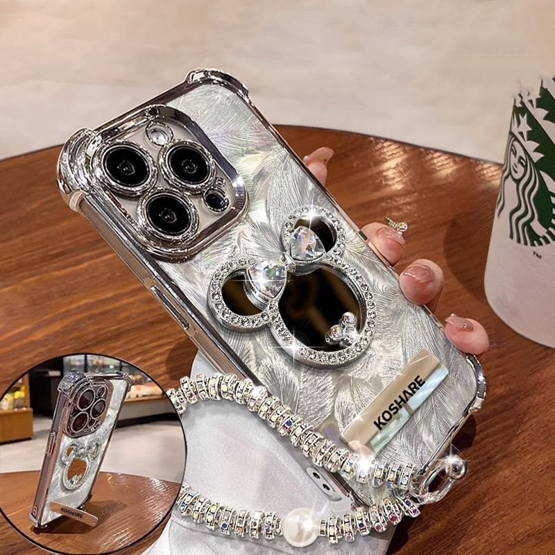 Vỏ gương mỹ phẩm Mickey OPPO Reno 12 Pro 5G Reno 12F Reno 10 Pro 5G Reno 11 Pro Reno 11F Vỏ điện thoại bảo vệ chống rơi bốn góc có vòng tay ngọc trai