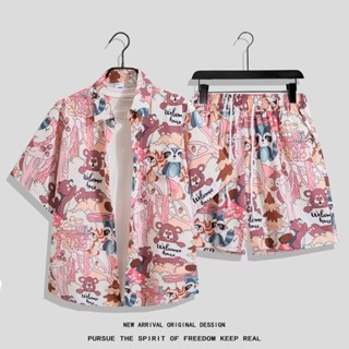 Size M-4XL. Thời trang mùa hè mới dáng rộng họa tiết manga Hàn Quốc Áo sơ mi ngắn tay cổ điển Thái Lan + quần short thẳng nam bãi biển Hawaii bộ đồ hoạt hình giản dị