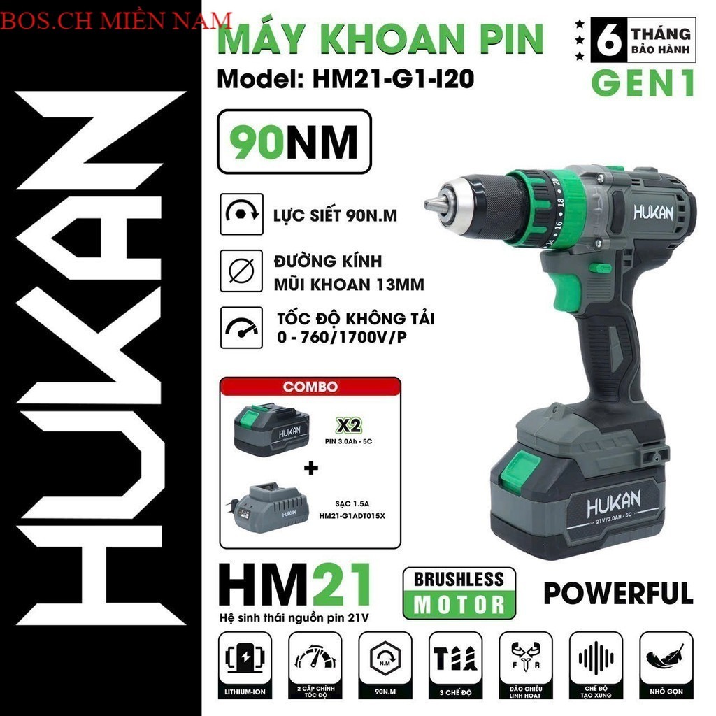 Máy khoan pin HUKAN HM21-G1-I20 - Lực Siết 90Nm, Khoan Pin 3 chức năng Không Chổi Than bos.ch miền n
