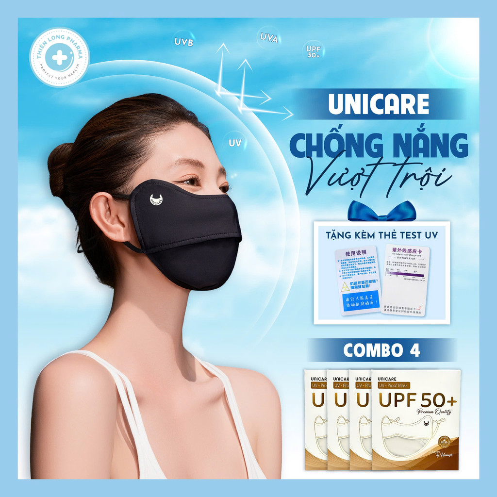COMBO 4 Chiếc Khẩu trang chống tia UV- Proof Mask UNICARE chất vải lụa mềm mịn thoáng mát chống nắng hiệu quả