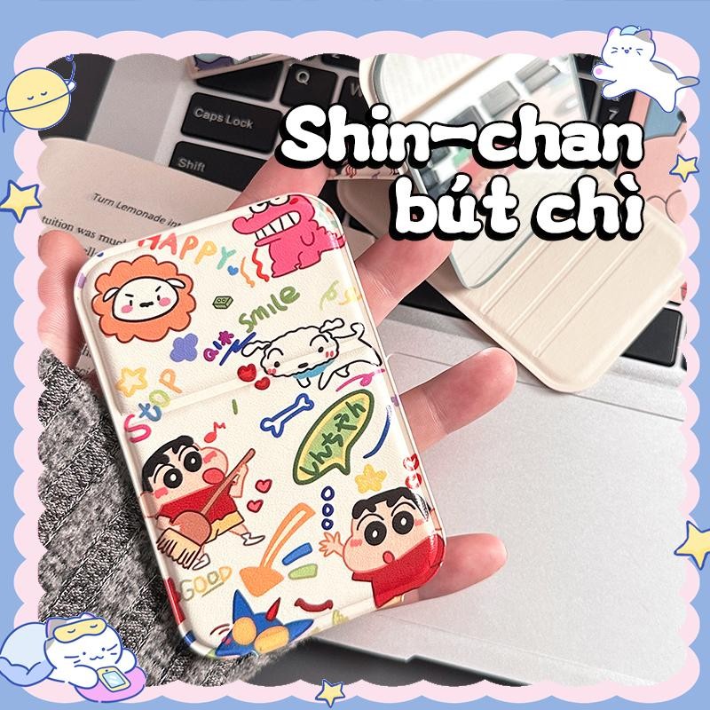 Gương trang điểm Shin-chan — nhỏ gọn, bao da PU chắc chắn, gấp gọn bỏ túi . Phụ kiện xinh xắn cho cô
