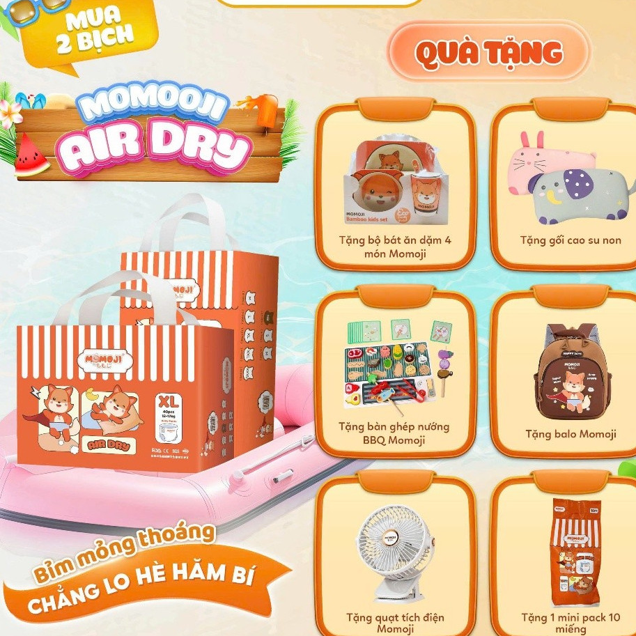 Combo 2 Tã Bỉm Dán/Quần Momoji Air Dry Êm Mềm, Siêu Khô Thoáng, An Toàn Cho Bé
