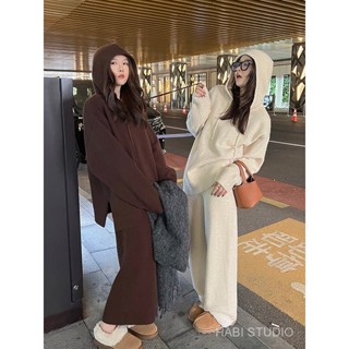   Order  Bộ Đồ Len Form Rộng Áo Hoodie Len Có Mũ Phối Chân Váy Dài Quần Ống Rộng Thu Đông 
