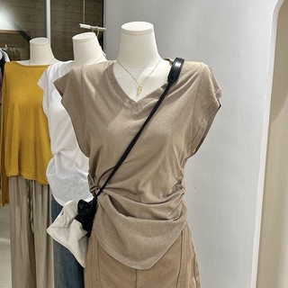 Yuewen Side Xếp Ly Nẹp Thiết Kế Áo Thun Nữ Mùa Hè Phong Cách Mới Phù Hợp Với Tay Bay Cổ Chữ v Phong Cách Mỏng Rời Thường Ngày