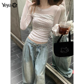 Yeya Nữ lưới đôi chống nắng dài tay mỏng chấm bi nối áo thun dài tay