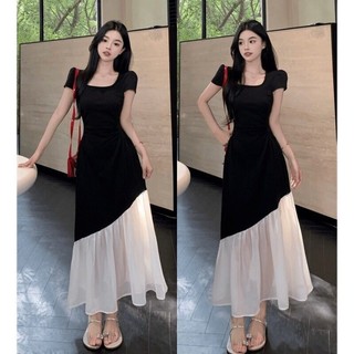 2024 Plus Size Nữ Mùa Hè Hepburn Phong Cách Đen Trắng Tương Phản Màu Khâu Đầm Cổ Vuông Eo Ôm Hơn Nhìn Sang Trọng Dài S
