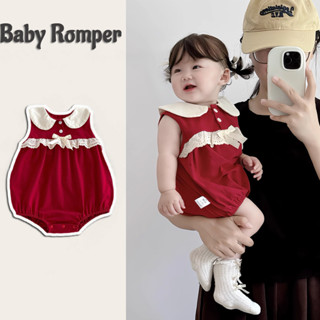Tết Giáng Sinh Và Năm Mới Cổ Búp Bê Nơ Ren Không Tay Cho Bé Áo Liền Quần Màu Đỏ Mùa Hè Trẻ Sơ Sinh Cotton Jumpsuit 0-2 Tuổi Quần Áo Sơ Sinh