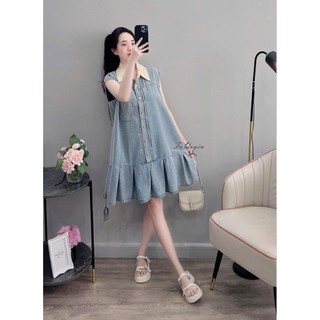 Tira Mama Design [VB1457] váy bò suông dập ly phối cổ trắng phong cách tiểu thư