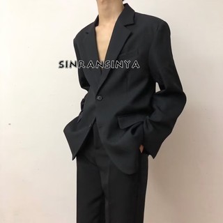 Sinransinya Bộ đồ nam mới phiên bản Hàn Quốc cổ điển giản dị khe đen cao cấp thiết kế túi bên trong có cảm giác vừa dài dáng rộng phong cách cặp đôi thời trang áo dài tay