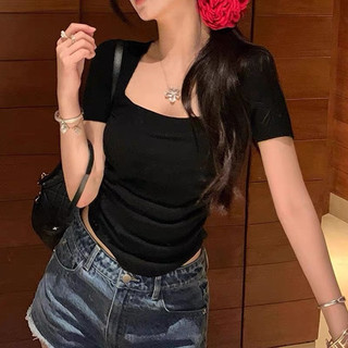 Áo thun ngắn xếp ly cổ vuông kiểu Pháp cổ vuông mỏng xếp ly nữ Hot Girl Vai trước ngắn @ -