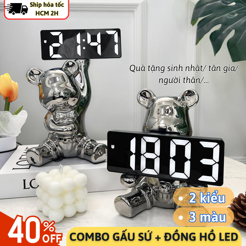 Combo Tượng Gấu Sứ & Đồng Hồ LED Joful Home, Trang Trí Bàn & Phòng Khách Sang Trọng, Độc Đáo
