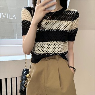 Áo thun ngắn tay dệt kim lụa băng sọc rỗng cổ tròn mùa hè cho nữ áo ngắn tay dáng rộng mỏng thoáng khí giản dị thời trang mới ldug