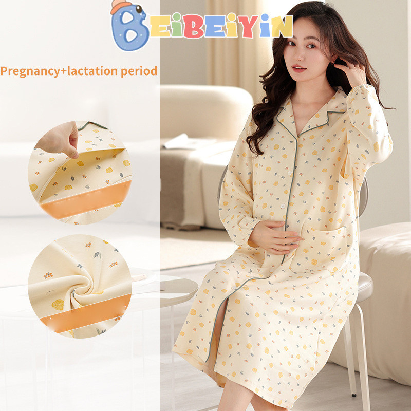 Beibeiyin Xuân Thu Đầm Bà Bầu Sau Sinh Phụ Nữ Mang Thai Điều Dưỡng Váy Ngủ Mẹ Mang Thai Mỏng Đầm Bà Bầu
