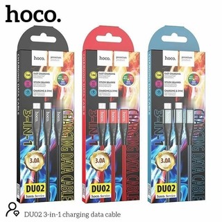 Cáp sạc 3 trong 1 hoco du02, sạc nhanh 3a sạc cùng lúc 3 thiết bị micro+type-c+ln, dây dài 1m2.