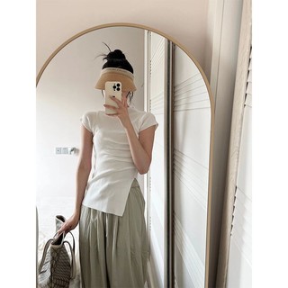 Yuewen Nửa Cổ Cao Trang Trọng Vai Đan Áo Thun Nữ Tay Ngắn Ôm Hơn