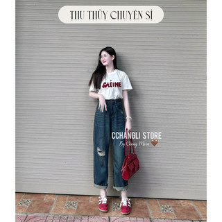 Quần jean suông rách 1 gối màu đậm