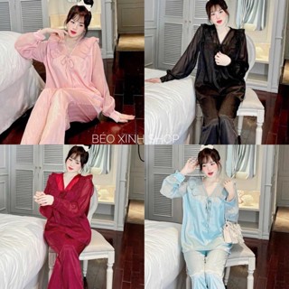 Đồ Bộ - Đồ Ngủ Pijama Bigsize Tay Dài Vải Gấm Xước Phối Voan Cao Cấp Pijama Bigsize 50-100Kg - A.5614