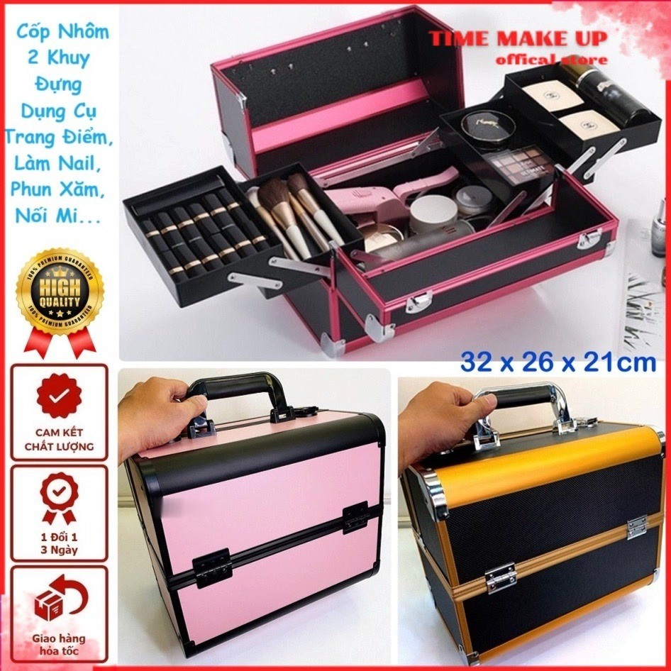 Cốp Thùng Nhôm Đựng Đồ Nail - Trang Điểm - Nối Mi 4 Ngăn Khung Nhôm 2 Khuy (32x26x21cm) MS 00231 [ TIME MAKE ]