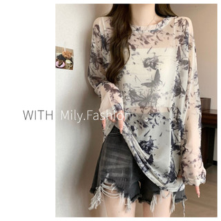 Milyfashion Ink Tie-Dye Ice Silk Chống Nắng Áo Sơ Mi Nữ Mùa Hè Mỏng Dài Tay Áo Thun Plus Size Béo mm Giữa Chiều Dài Bên Ngoài