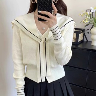 Suxi Retro Thu Đông Mới Hải Quân Cổ Khăn Choàng Dài Tay Dệt Kim Áo Len Nữ 240916