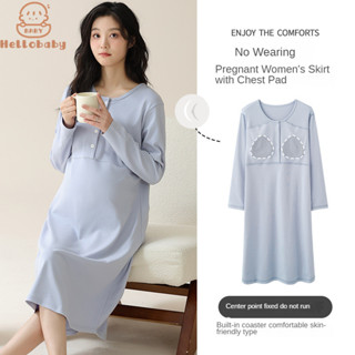 Hellobaby Mùa Hè Mẹ Mang Thai cotton Váy Ngủ Nữ Tay Dài Mỏng Điều Dưỡng Bà Bầu Đồ Ngủ Có Miếng Lót