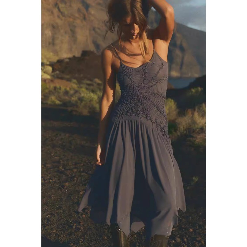 Đầm Zara made in Morocco 2 dây midi voan xám xếp lớp trang trí Zara made in Morocco