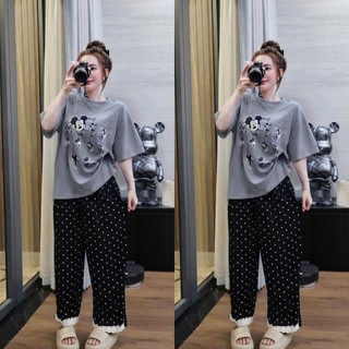  Set Đồ Bộ Nữ Áo Tici From Rộng iN Hình NHÀ Chuột Mix Quần Baggy CHẤM BI Thời Trang Bigsize 42-83  KG 