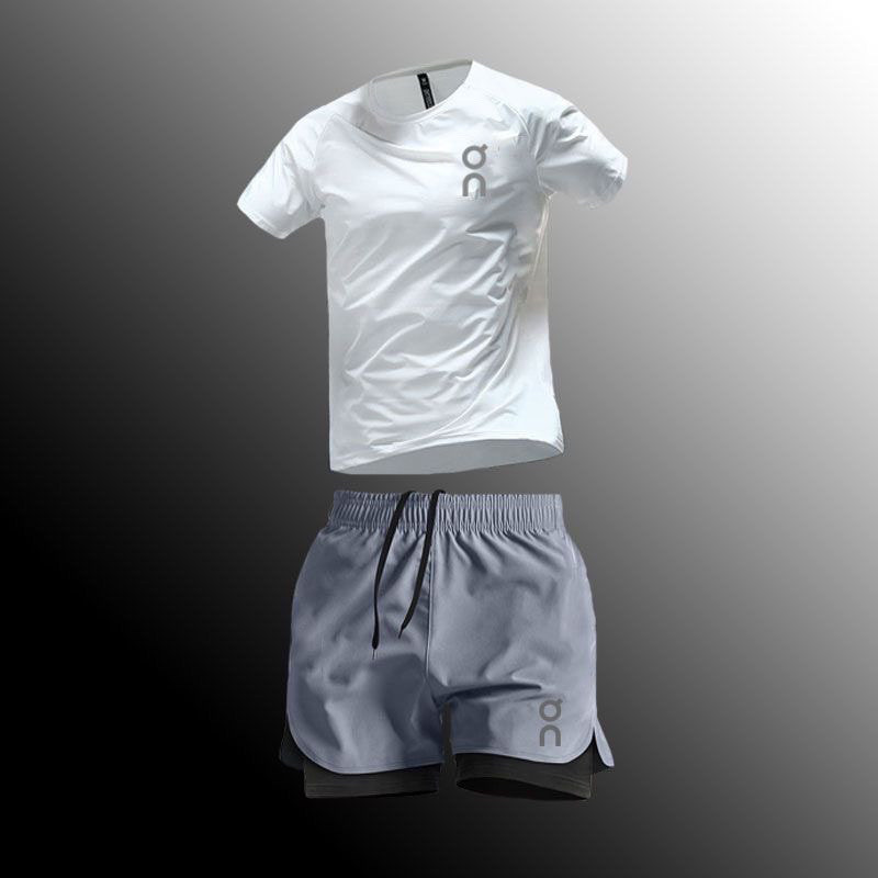 Exercise Running Outfit Summer Breathable Quick-Drying Marathon round Neck Short Sleeve Shorts Men s
