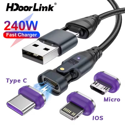 HdoorLink 2in1 240W Cáp Sạc Nhanh Từ Tính 180 Xoay Dây Dữ Liệu Cho IOS 16 15 Pro Max USB Loại C Dây Dây