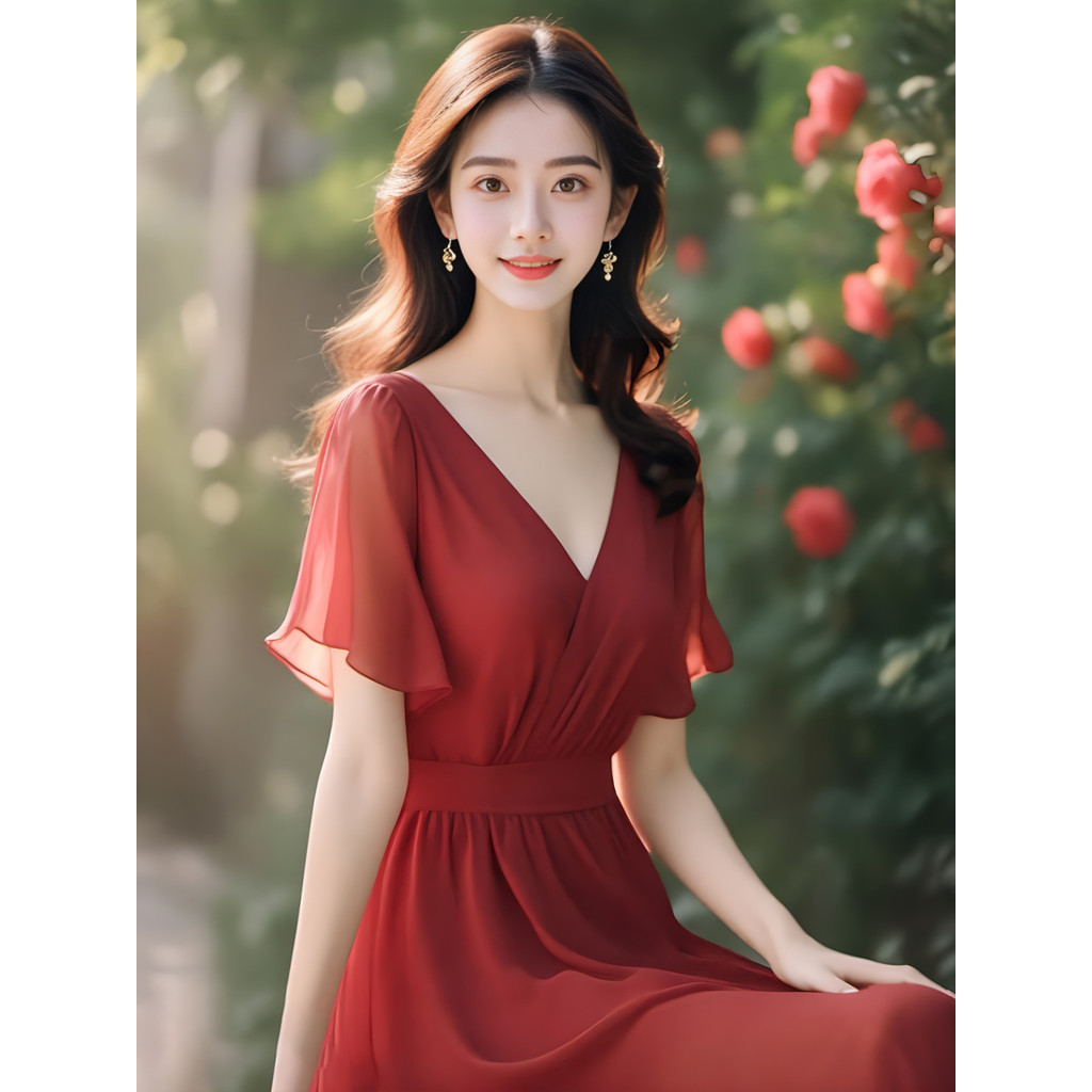 M-4XL Đầm Burgundy ngắn tay cổ chữ V ôm body thanh lịch